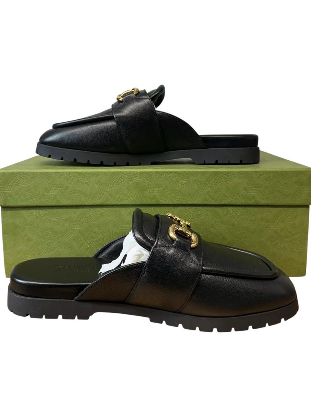 Gucci Black Leather Backless Loafers with Gold Horsebit